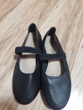 Mary Jane Leather Ballet Flats Sparkle Band Across Top Black 9.5